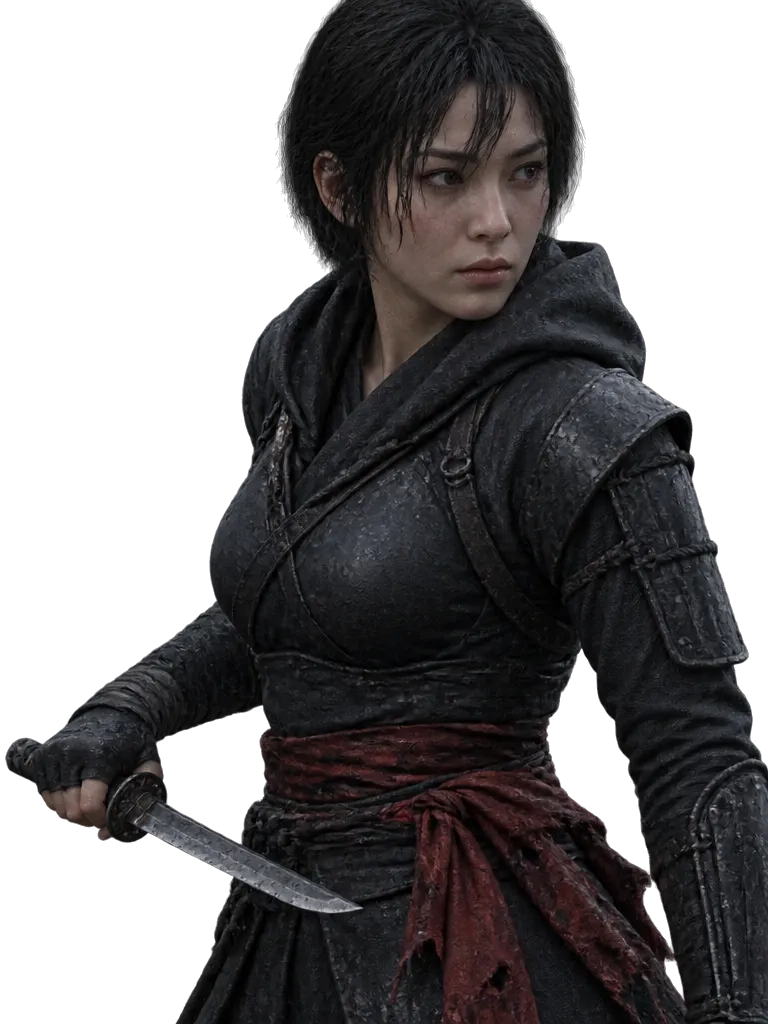 Aki, kunoichi muda berzirah gelap dengan selempang merah, memegang belati terbalik