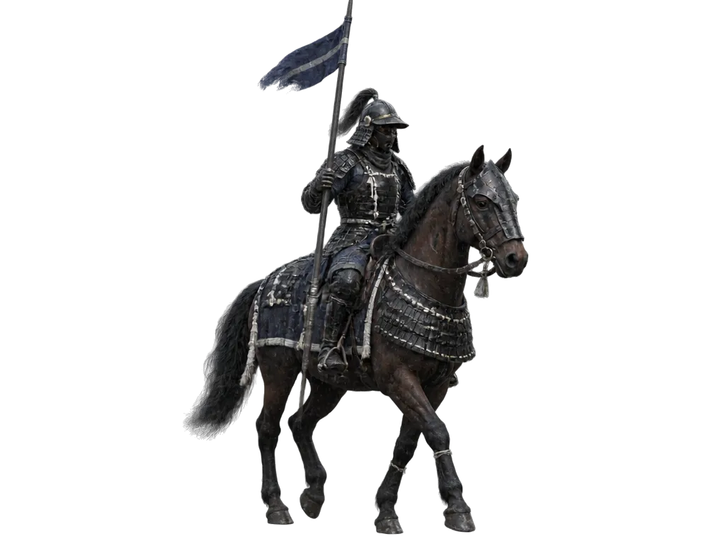 Mounted Lancer berzirah hitam di atas kuda cokelat tua, tombak tegak berpanji nila