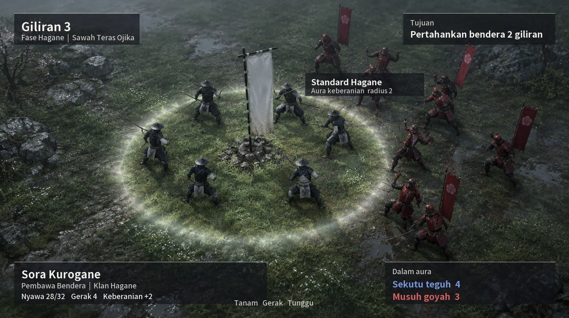 Tangkapan game: bendera Hagane tertanam dengan cincin aura radius dua petak, HUD giliran 3, sekutu teguh 4, musuh goyah 3